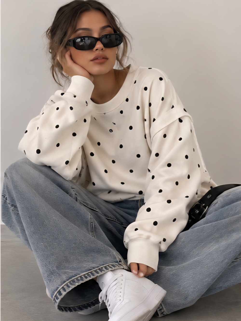 Vinyl Icons Polka Dot Sweatshirt • Cream + Black • Oversized L